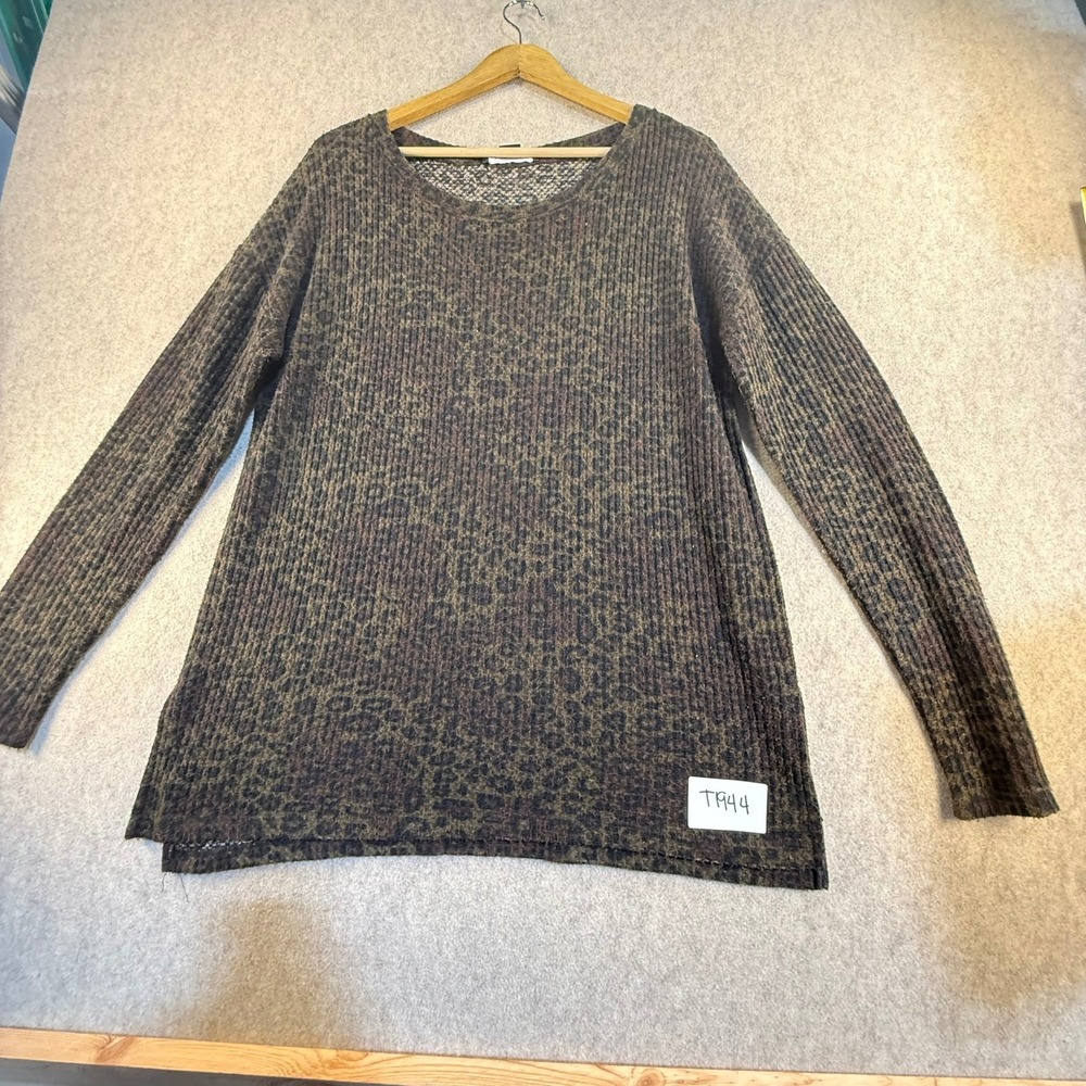 Sanctuary Womens Waffle Knit Leopard Print Sweater Olive Brown Long Sleeve Med
